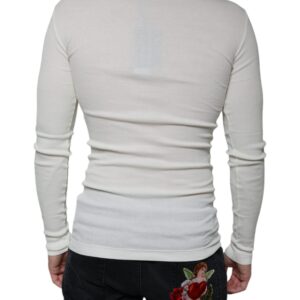 Dolce & Gabbana White Cotton Henley Crew Neck Pullover Sweater