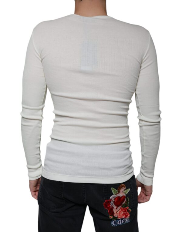 Dolce & Gabbana White Cotton Henley Crew Neck Pullover Sweater - Image 4