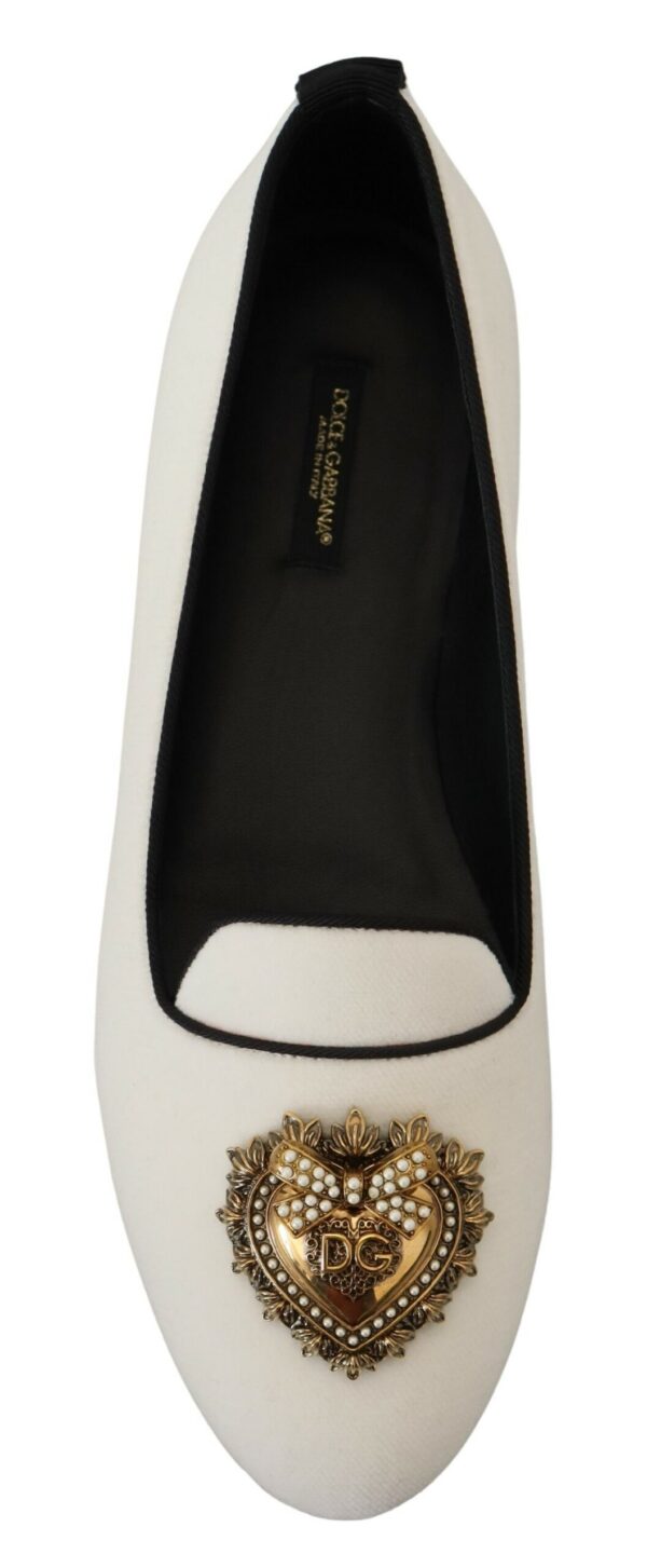 Dolce & Gabbana Elegant White Velvet Loafers with Gold Heart Detail - Image 2