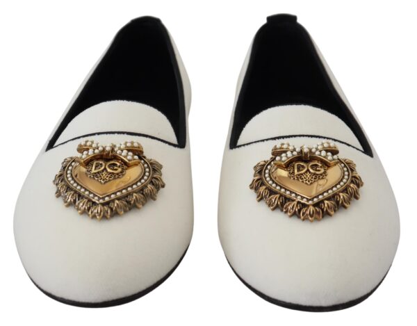 Dolce & Gabbana Elegant White Velvet Loafers with Gold Heart Detail - Image 3