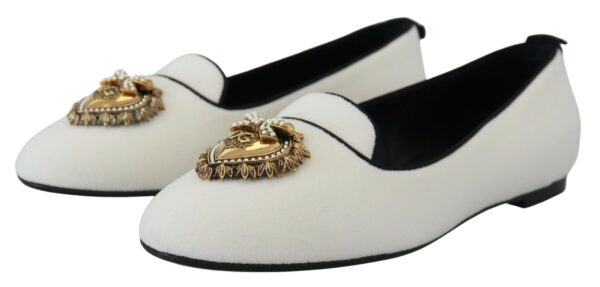 Dolce & Gabbana Elegant White Velvet Loafers with Gold Heart Detail - Image 4