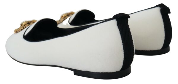 Dolce & Gabbana Elegant White Velvet Loafers with Gold Heart Detail - Image 5