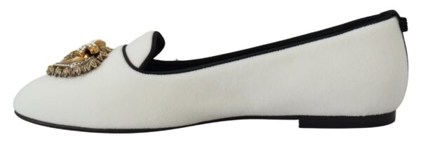 Dolce & Gabbana Elegant White Velvet Loafers with Gold Heart Detail - Image 6