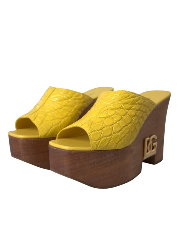 Dolce & Gabbana Yellow Leather Wood Mule Wedge Slides Shoes - Image 3