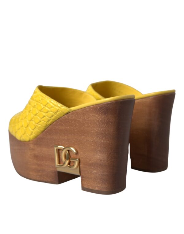 Dolce & Gabbana Yellow Leather Wood Mule Wedge Slides Shoes - Image 4