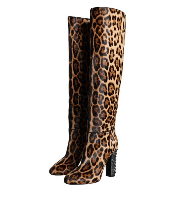 Dolce & Gabbana Beige Black Leopard Knee High Boots Shoes - Image 3