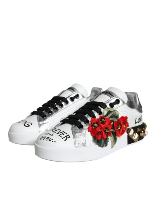 Dolce & Gabbana White Leather Floral Studded Sneakers Shoes - Image 3