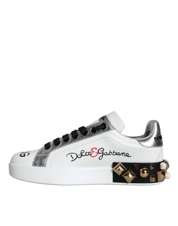 Dolce & Gabbana White Leather Floral Studded Sneakers Shoes - Image 4