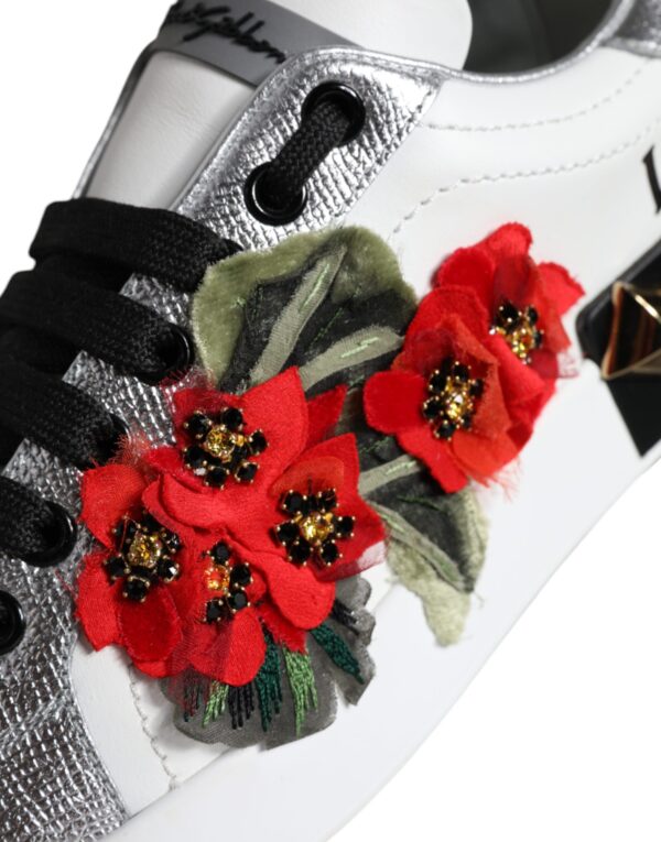 Dolce & Gabbana White Leather Floral Studded Sneakers Shoes - Image 5