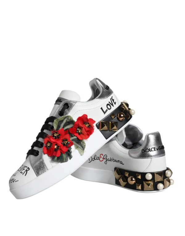 Dolce & Gabbana White Leather Floral Studded Sneakers Shoes - Image 6