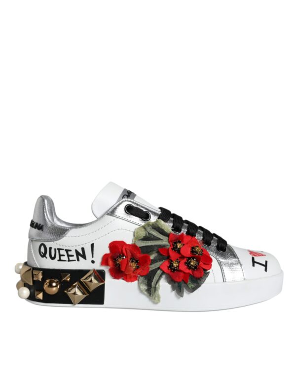 Dolce & Gabbana White Leather Floral Studded Sneakers Shoes - Image 8