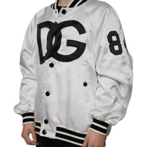 Dolce & Gabbana White Polyester Logo Full Zip Bomber Jacket