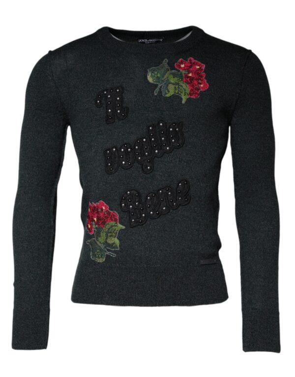 Dolce & Gabbana Gray Embellished Crew Neck Pullover Sweater - Image 2