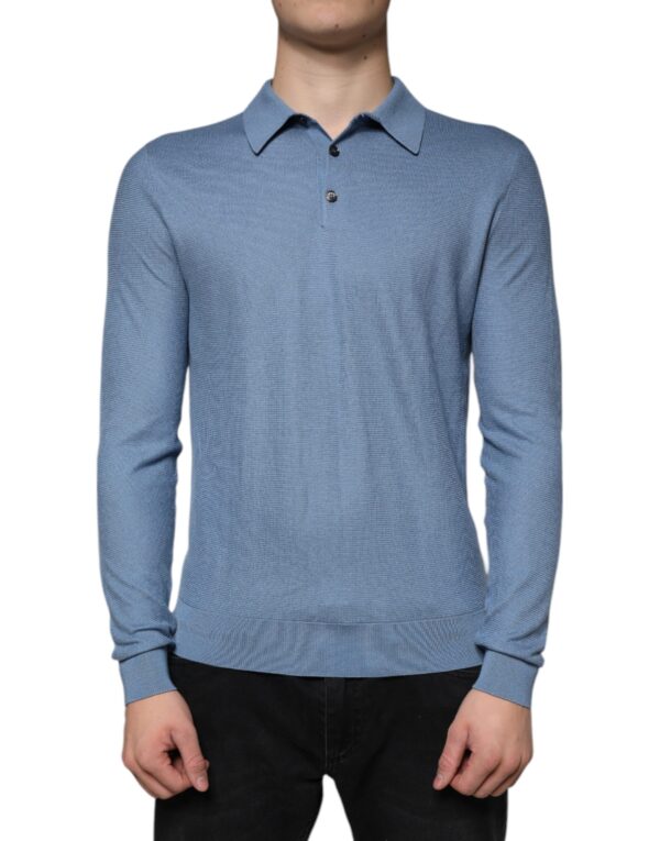 Dolce & Gabbana Sky Blue Silk Collared Men Pullover Sweater - Image 2