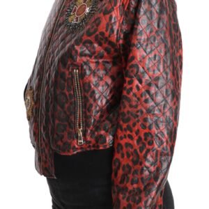 Dolce & Gabbana Red Leopard Bomber Leather Jacket with Crystal Buttons