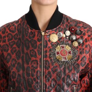 Dolce & Gabbana Red Leopard Bomber Leather Jacket with Crystal Buttons