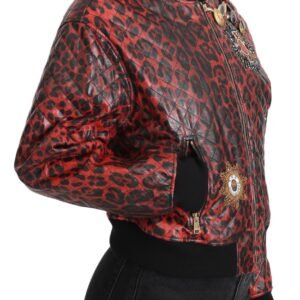 Dolce & Gabbana Red Leopard Bomber Leather Jacket with Crystal Buttons