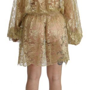 Dolce & Gabbana Elegant Gold Lace A-Line Knee Length Dress