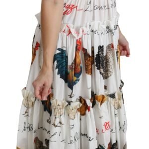 Dolce & Gabbana Elegant White Rooster Print Sheath Midi Dress