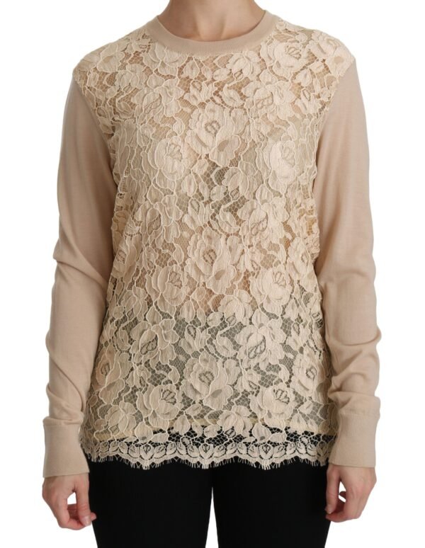 Dolce & Gabbana Elegant Beige Lace Crew Neck Cashmere Blouse - Image 2