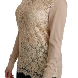 Dolce & Gabbana Elegant Beige Lace Crew Neck Cashmere Blouse