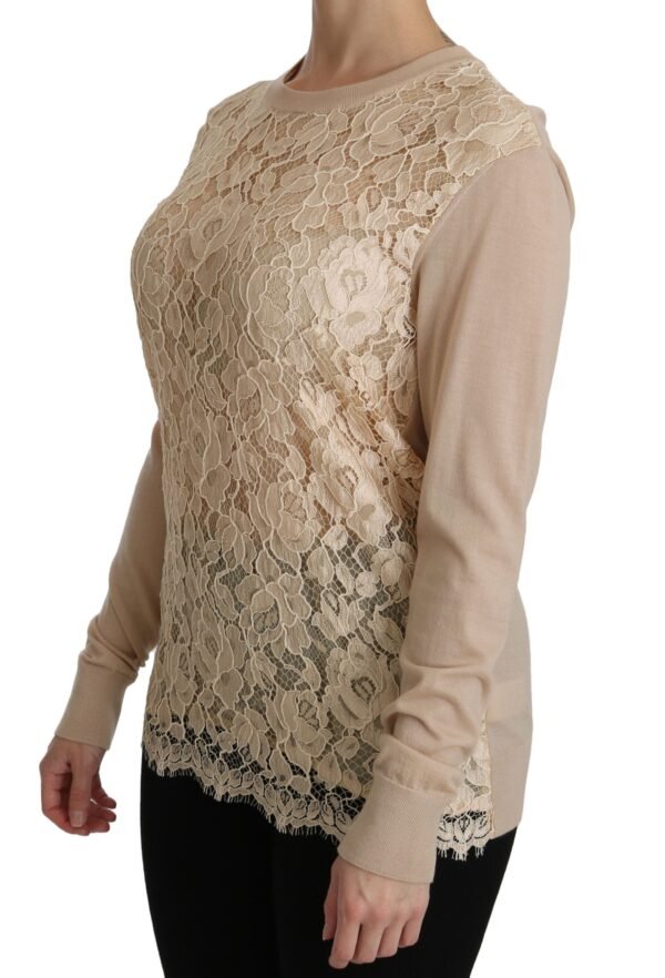 Dolce & Gabbana Elegant Beige Lace Crew Neck Cashmere Blouse - Image 4