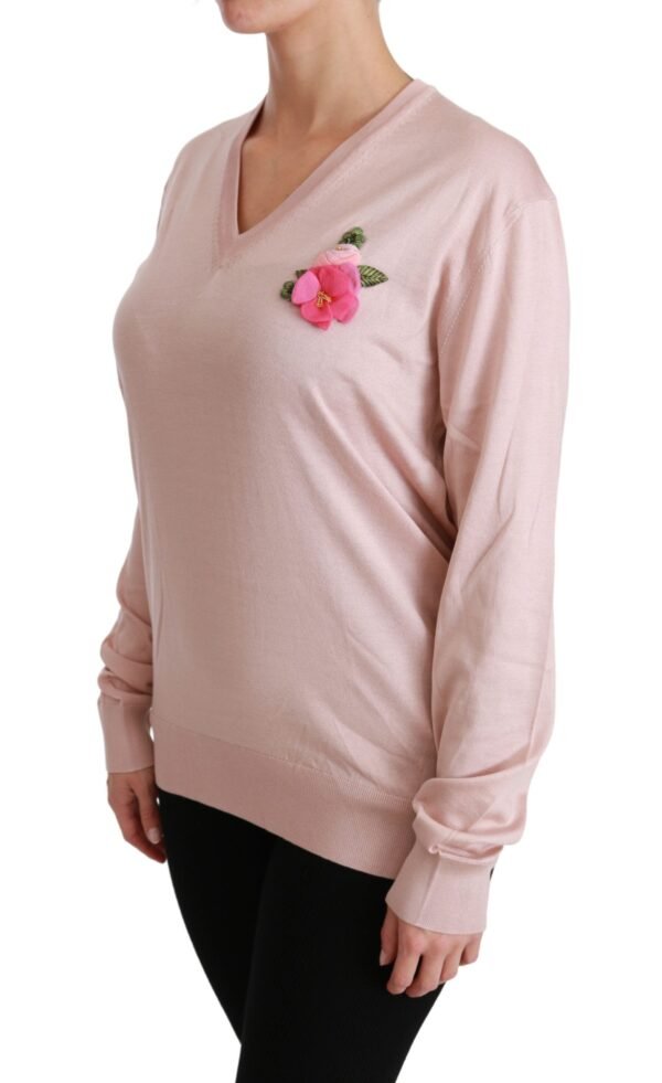 Dolce & Gabbana Pink Floral Silk V-Neck Sweater - Image 3