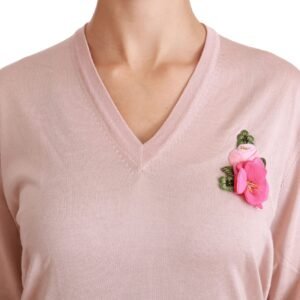 Dolce & Gabbana Pink Floral Silk V-Neck Sweater