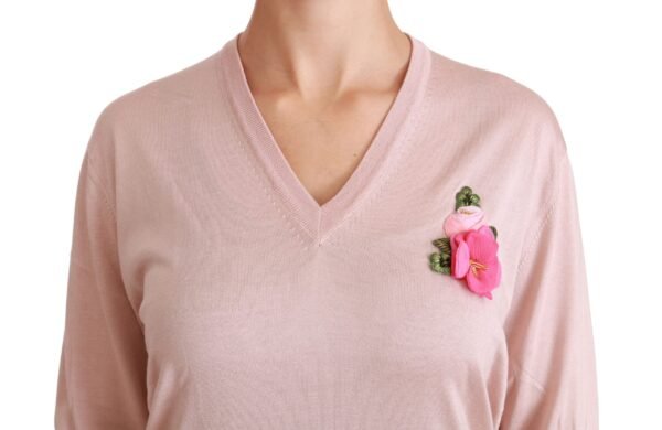 Dolce & Gabbana Pink Floral Silk V-Neck Sweater - Image 5