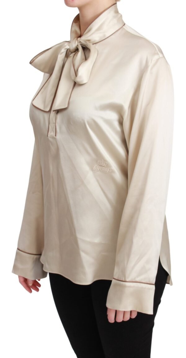 Dolce & Gabbana Elegant Beige Silk Satin Blouse with QUEEN Embroidery - Image 3