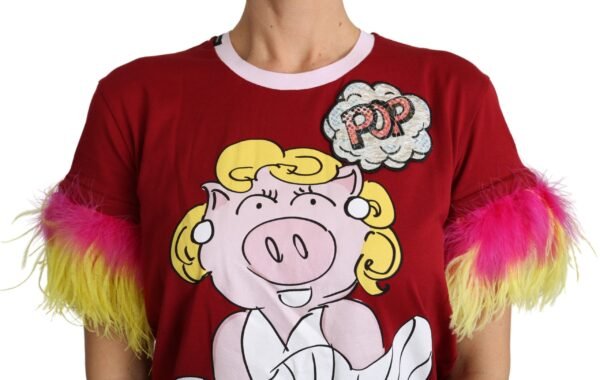 Dolce & Gabbana Chic Red Pig Print Crew Neck T-Shirt - Image 3