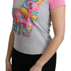 Moschino Chic Gray Crew Neck Cotton T-shirt with Pink Accents