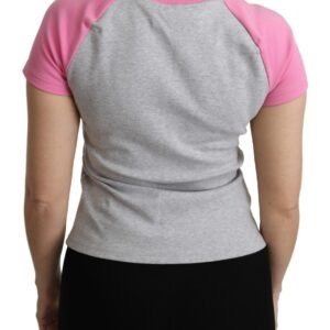 Moschino Chic Gray Crew Neck Cotton T-shirt with Pink Accents