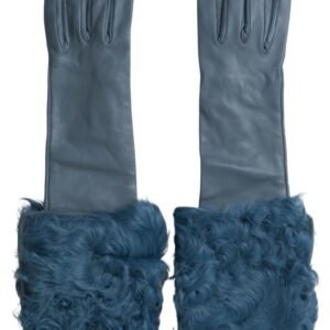 Dolce & Gabbana Elegant Blue Leather Gloves with Fur Trim