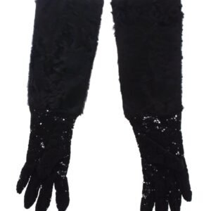 Dolce & Gabbana Black Wool Lace & Lamb Fur Elbow Gloves