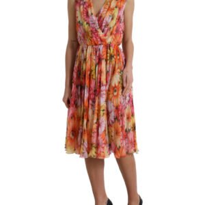 Dolce & Gabbana Elegant Floral Silk Midi Dress with V-Neck