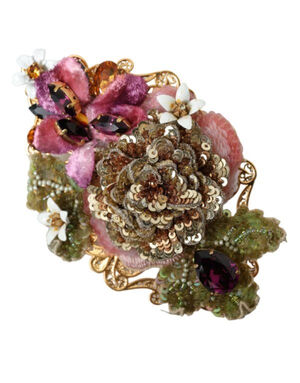 Dolce & Gabbana Gold Brass Floral Crystal Sequined Hair Clip - Image 2