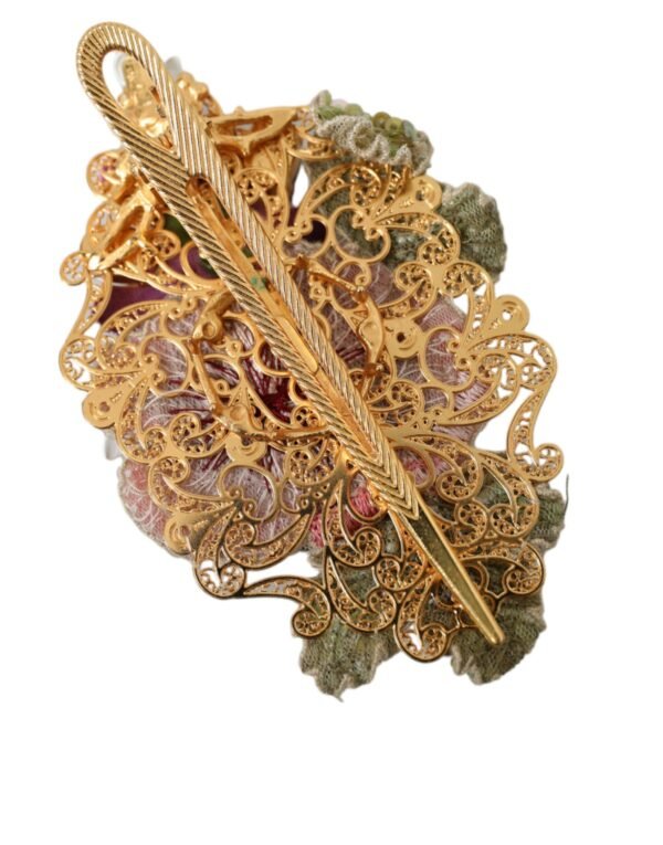 Dolce & Gabbana Gold Brass Floral Crystal Sequined Hair Clip - Image 3