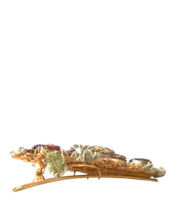 Dolce & Gabbana Gold Brass Floral Crystal Sequined Hair Clip - Image 5