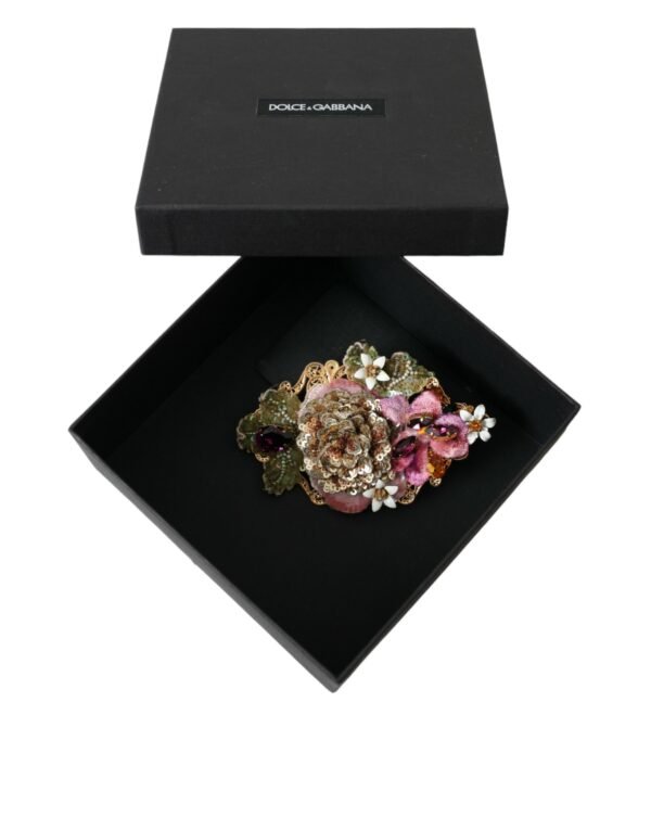 Dolce & Gabbana Gold Brass Floral Crystal Sequined Hair Clip - Image 6