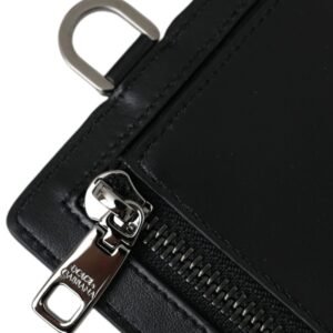 Dolce & Gabbana Black Calf Leather Lanyard Logo Card Holder Men Wallet