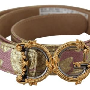 Dolce & Gabbana Pink Jaquard DG Logo Gold Metal Buckle Belt