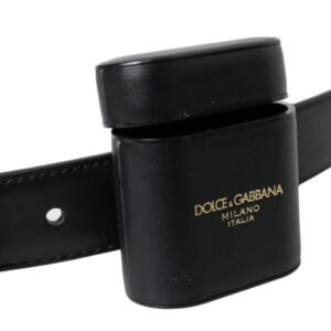 Dolce & Gabbana Black Leather Airpods Case Silver Buckle Belt