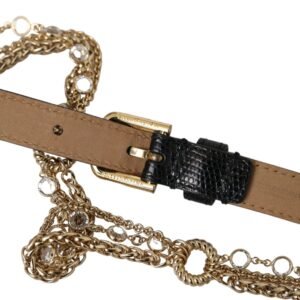 Dolce & Gabbana Black Leather Gold Chain Crystal Waist Women Belt