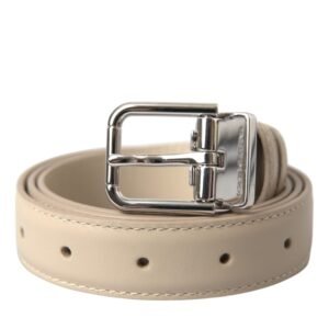 Dolce & Gabbana Beige Calfskin Leather Silver Metal Buckle Belt