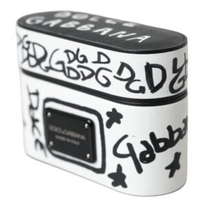 Dolce & Gabbana Black White Leather Scribble Embossed Logo Airpods Case