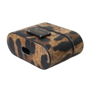 Dolce & Gabbana Brown Leopard Calf Leather Metal Logo Plaque Airpods Case