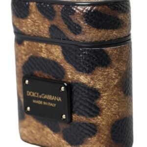 Dolce & Gabbana Brown Leopard Calf Leather Metal Logo Plaque Airpods Case