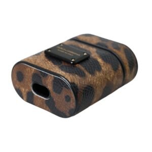 Dolce & Gabbana Brown Leopard Calf Leather Metal Logo Plaque Airpods Case