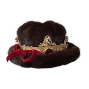 Dolce & Gabbana Dark Brown Mink Fur Gold Crystal Crown Hat